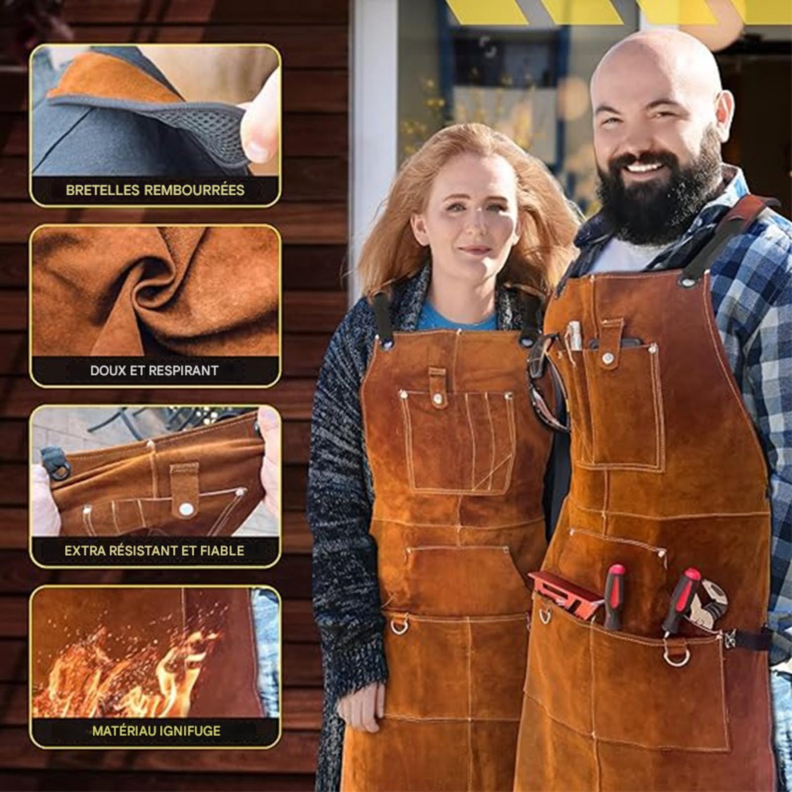 Tablier de soudure en cuir pour homme, 6 poches pour homme - Résistant à la chaleur - Protection contre les flammes - En cuir de vache - Pour atelier, forgeron, armurier - Rangement d'outils
