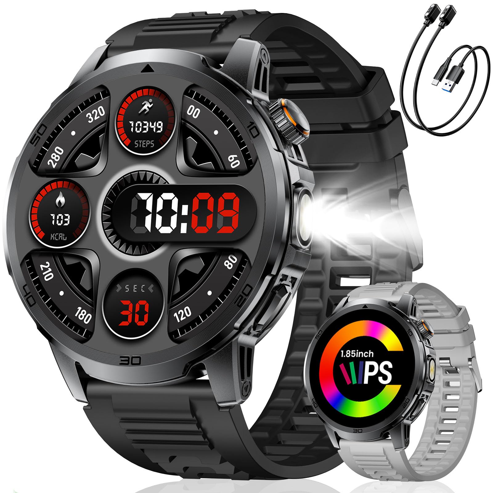Smartwatch Militare Uomo, 1,85" HD 1000mAh Sport 110+ IP68 2 Cinturini