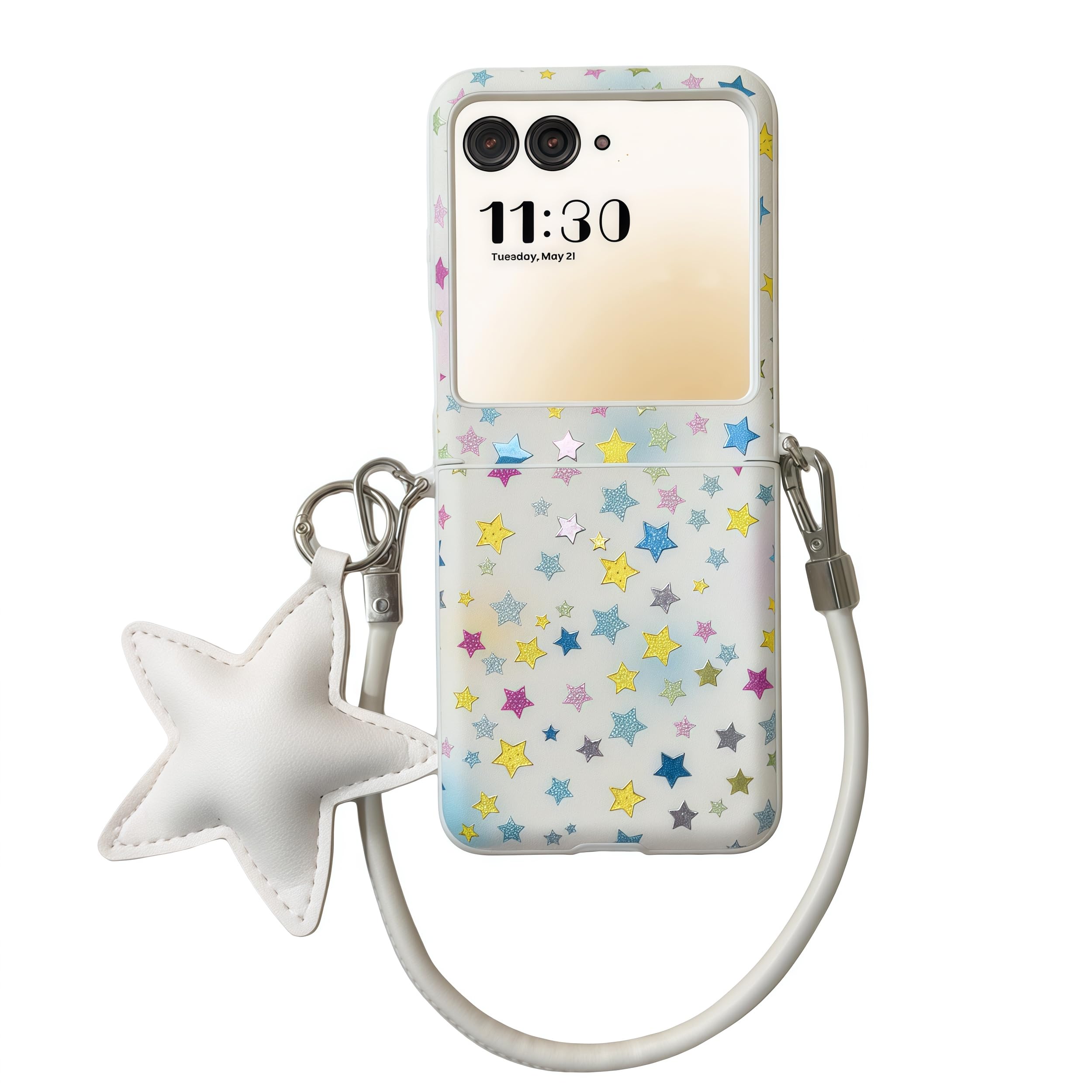 Funda para Motorola Razr 2026 con correa y protección de bisagra, Y2K de piel sintética con estampado de estrellas coloridas para mujeres y niñas