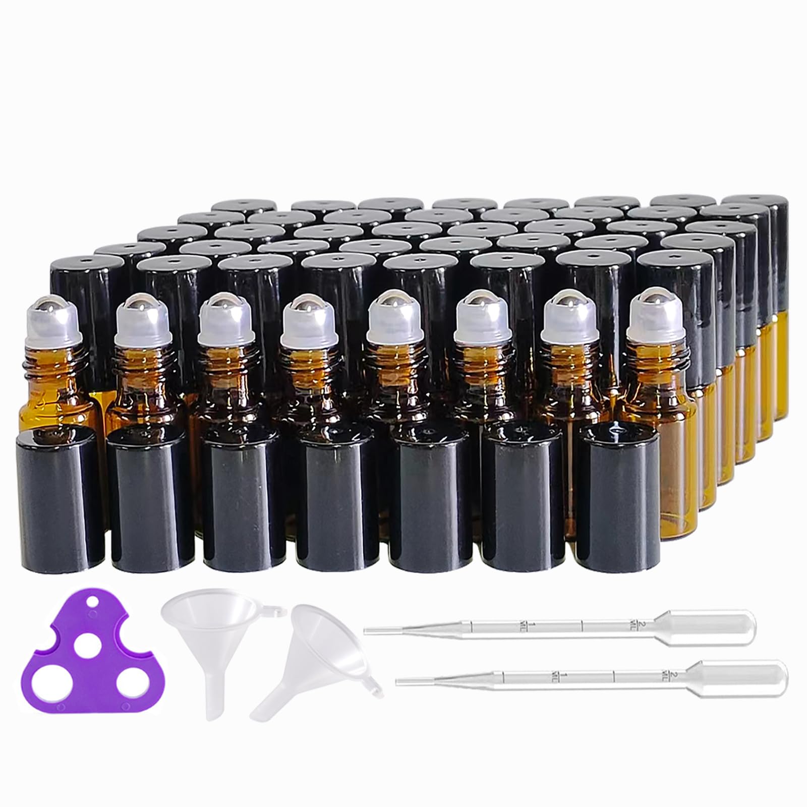 AGENIZ 50Pcs Amber Glass Roller Bottles for Essential Oils 3ml Glass Roll on Bottles with Stainless Steel Roller Balls Mini Sample Vials Cosmetics