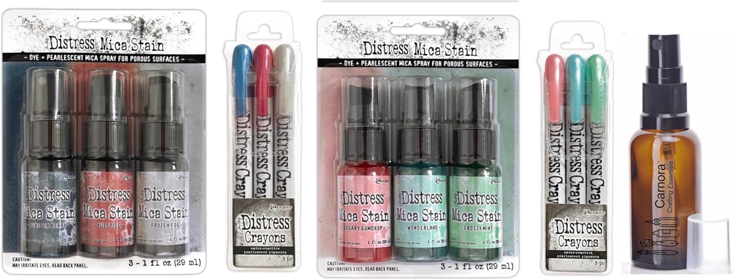 Tim Holtz Winter Holiday Mica Stain Spray, 6 Bottles, Matching Distress Crayons, Carnora Amber Bottle, 13 Pieces Total