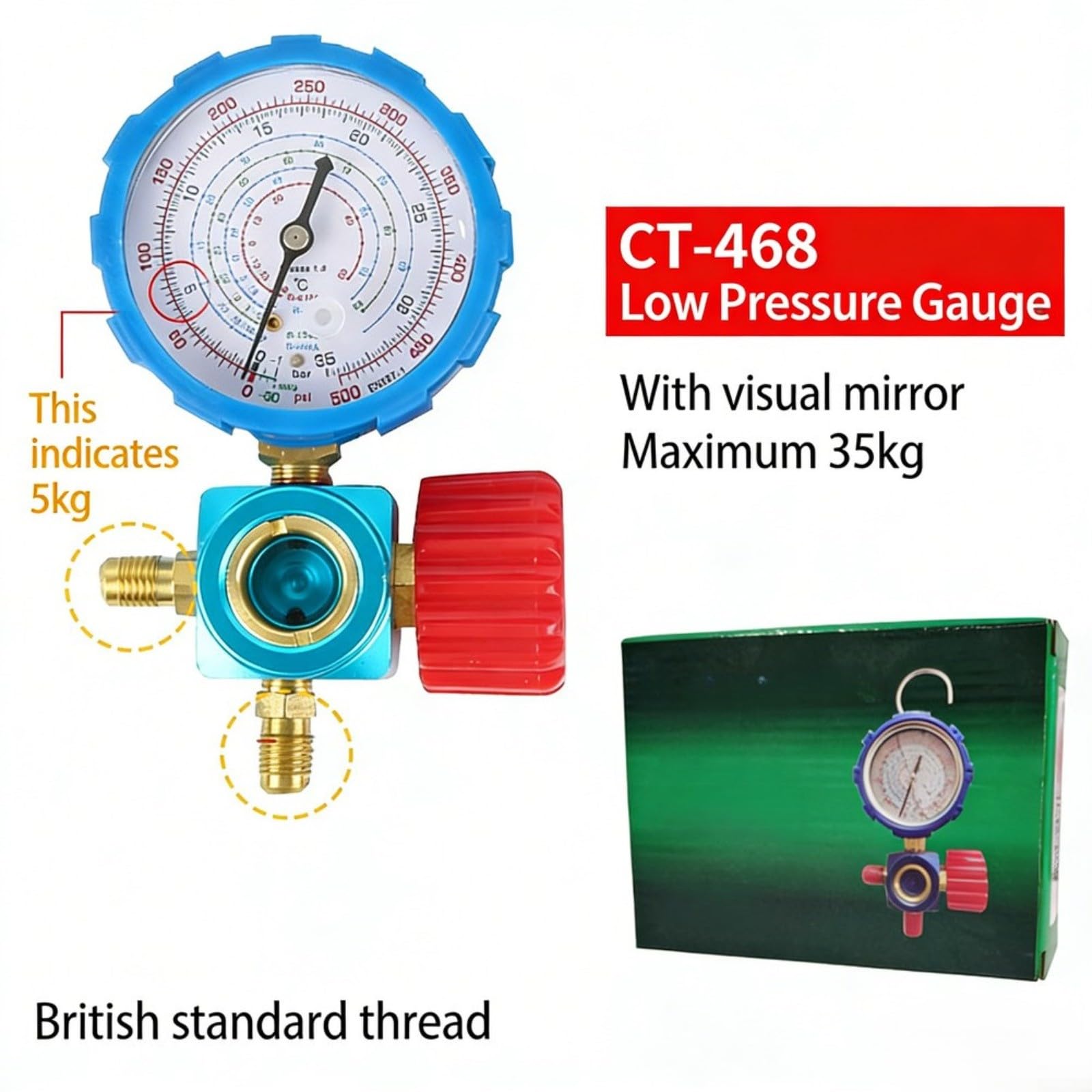 Manomètre basse pression AC avec verre de visée pour R22 R134a R410A R404A, port 6,35 mm, plage de -30 à 500 PSI pour chargement CVC