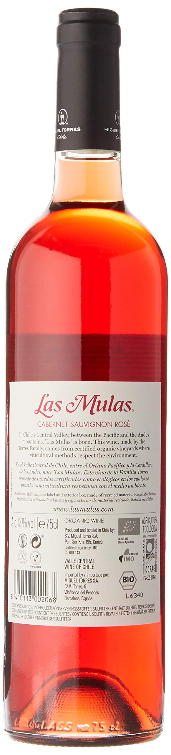 Miguel Torres Chile Las Mulas Cabernet Sauvignon Rosé, Vino Rosado - 6 botellas de 75 cl, Total: 4500 ml