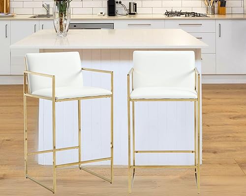 Modern Gold - Juego de 2 taburetes de bar tapizados de piel sintética de 25.5 pulgadas con respaldo y reposabrazos, sillas de mostrador para isla de