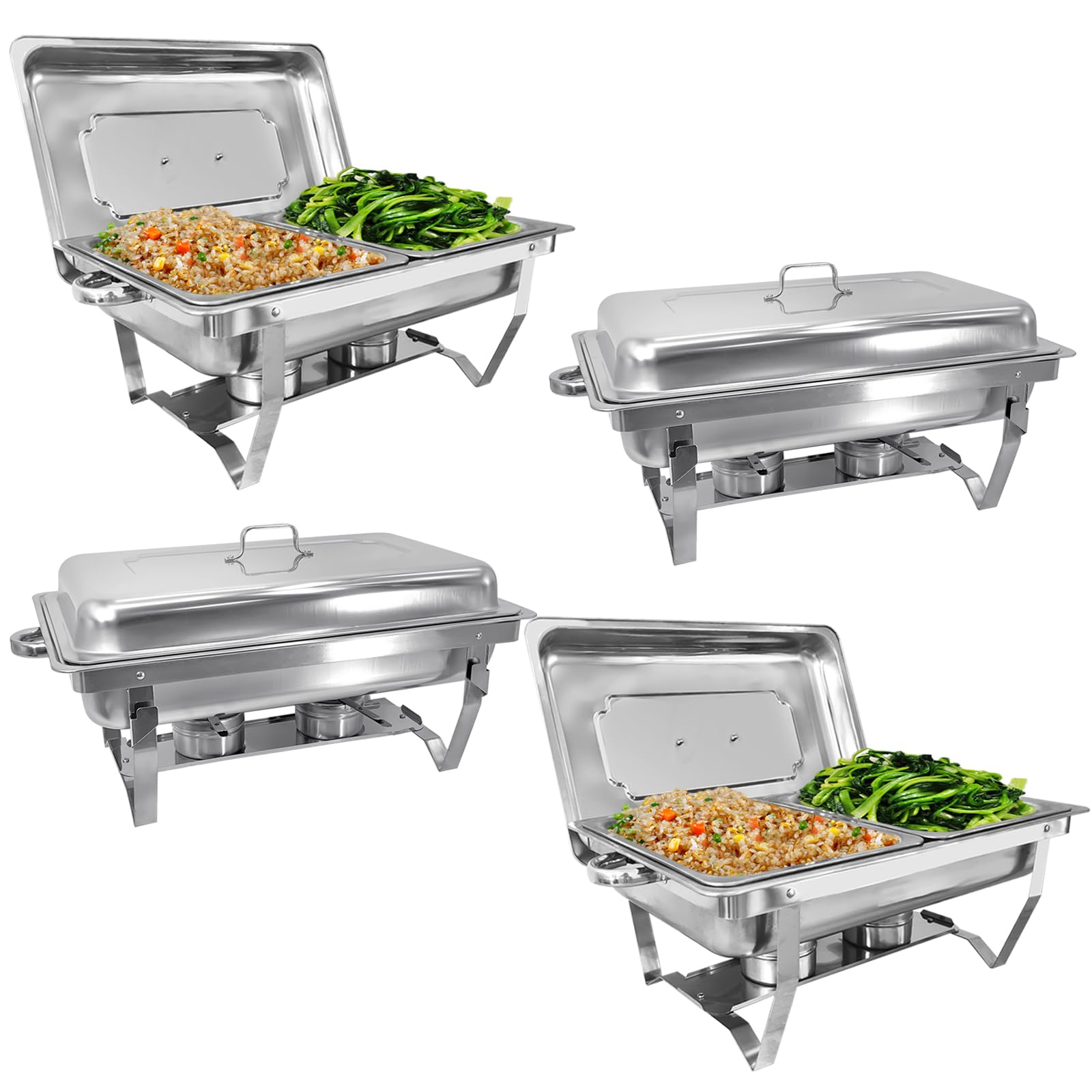 Chafing Dish Edelstahl Buffet-Set Warmhaltebehälter Speisenwärmer Wärmebehälter Rechaud für Catering, Buffet und Party (4 Set 1x2 GN-Behälter)