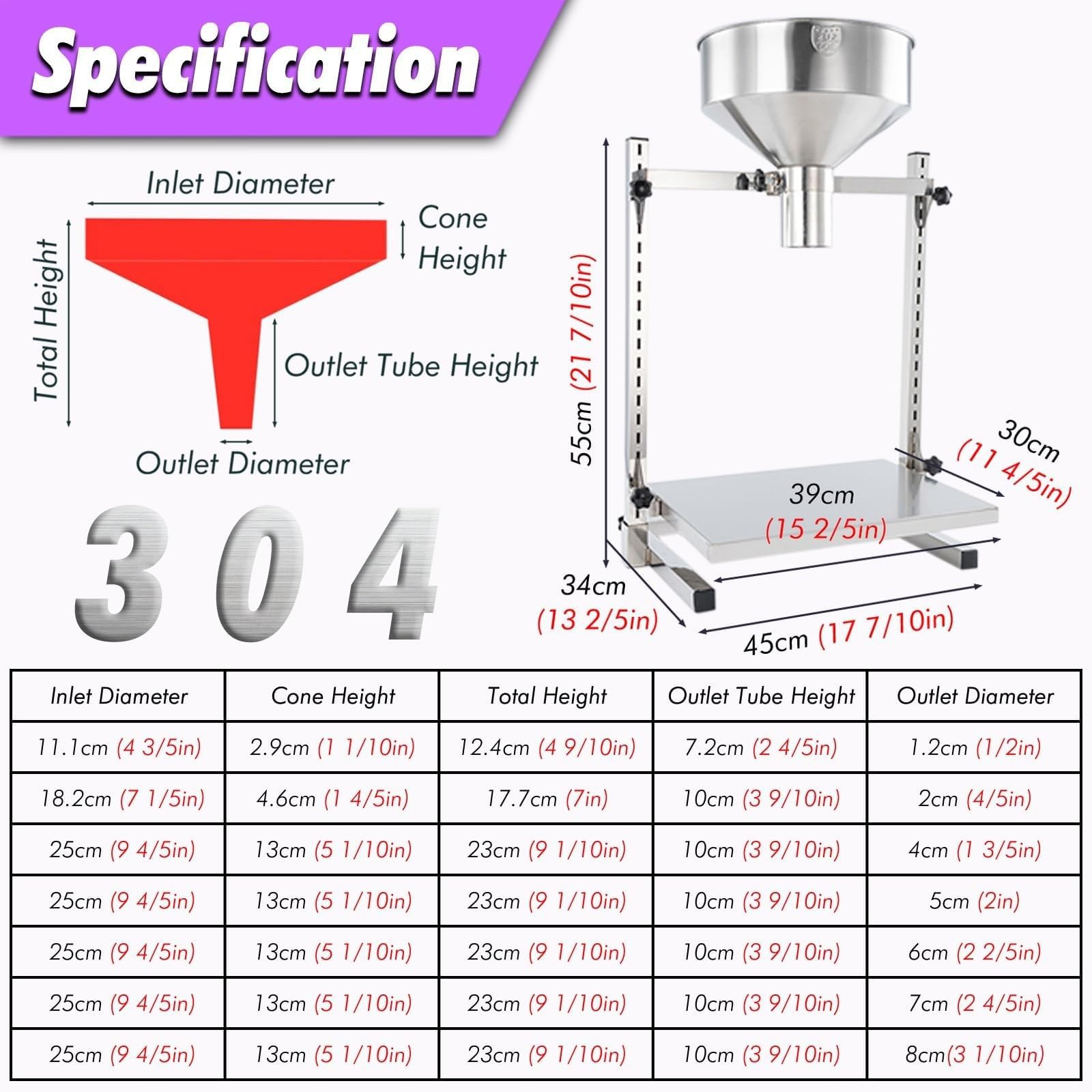 Edelstahl-Fülltrichter mit Stützständer und Hebeplattform | Tragfähigkeit 100kg, Manueller Dosiertrichter, Großdurchmesser-Füllmaschine für Pulver-, Flüssigkeits(5cm)