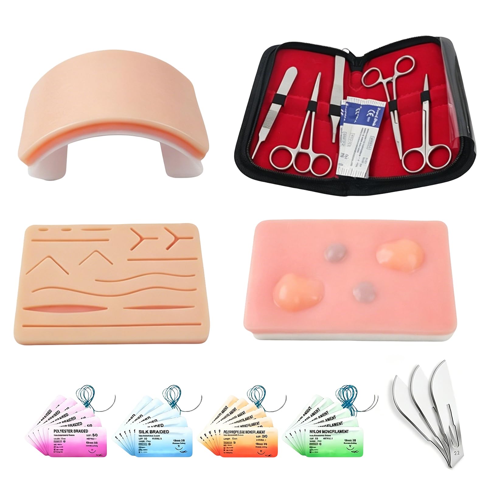 27 Chirurgisches Nahtset Set: 24* Nahtmaterial+3*Silikon-Nähkissen, Suture Practice Kit, Silikon-Nähkissen mit Werkzeugsatz, Wundnaht Übungsset, Chirurgisches Nahtset mit realistischem Pad