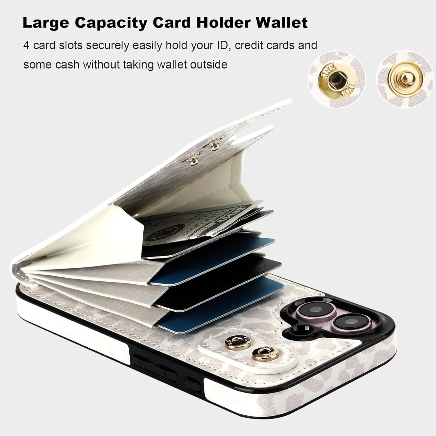 HAOPINSH for iPhone 16 Wallet Case with Card Holder, 360°Rotation Ring Kickstand, White Leopard Pattern, RFID Blocking Leather for Girls Women, Double Buttons Protective Cover 6.1"