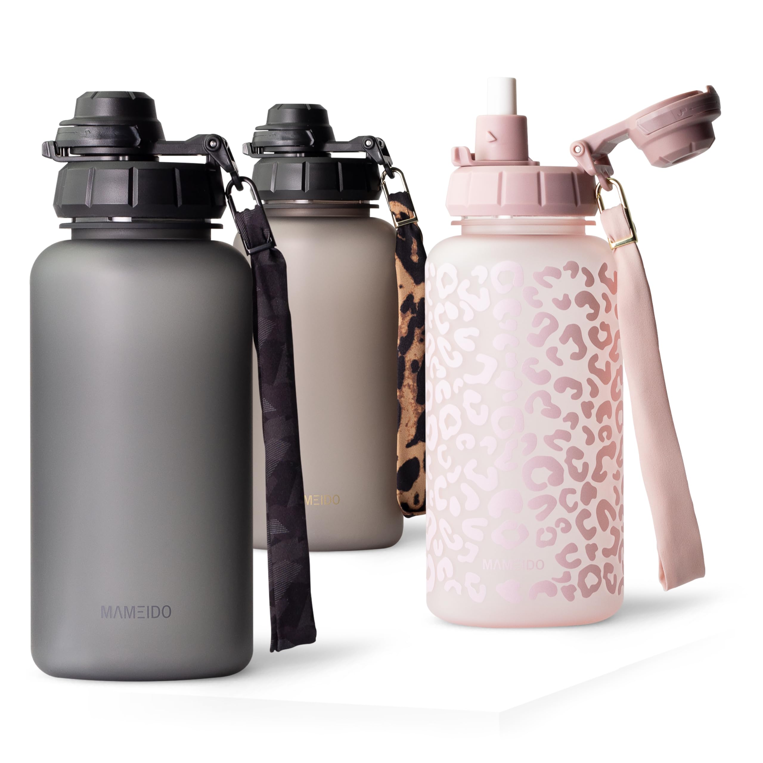 Mameido Carbon Grey Water Bottle With Straw & Time Markings 1 L, Leakproof Tritan Sports Water Bottle, Drinks Bottle Bpa-Free, Gym Water Bottle (Carbon Grey)