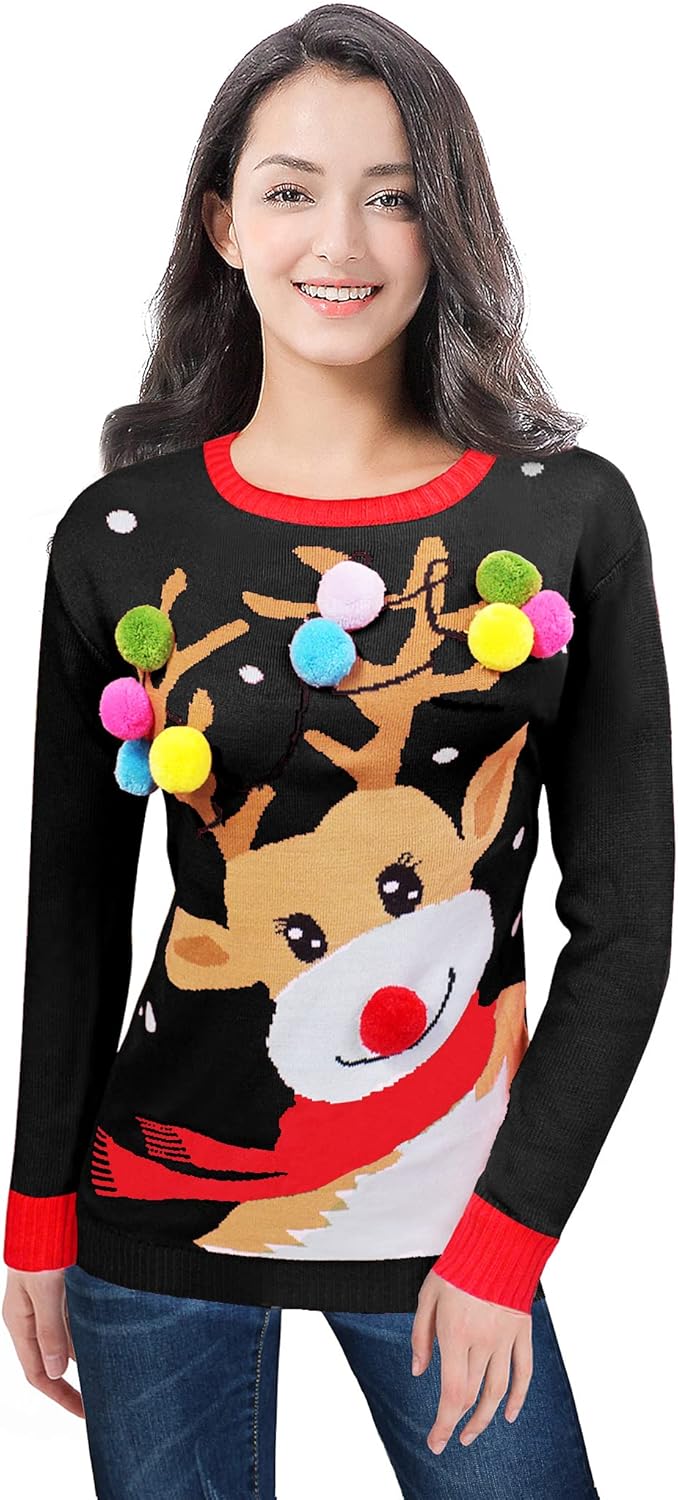 v28 Ugly Christmas Sweater for Women Reindeer Funny Merry Xmas Knit Sweaters