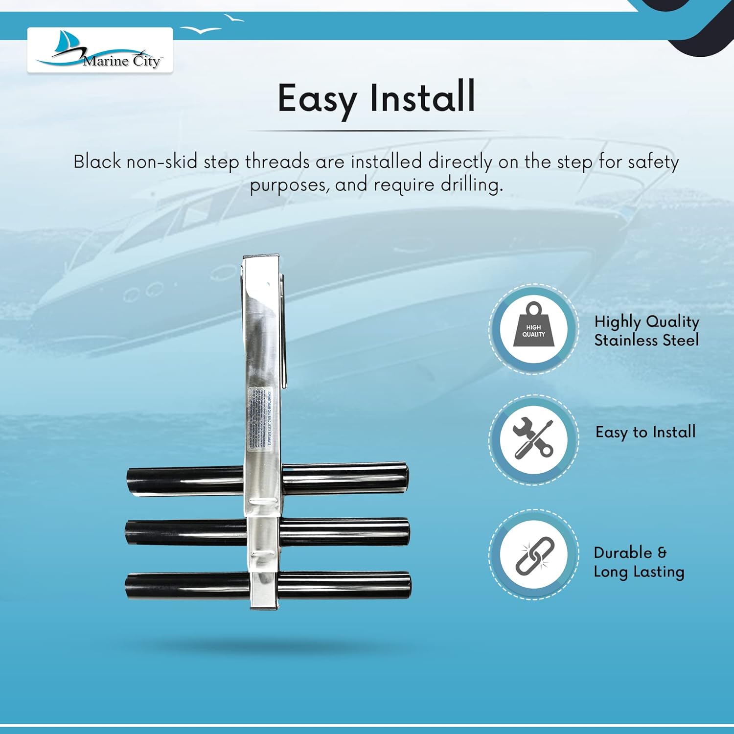 MARINE CITY 3-Step Telescoping Ladder – Stainless Steel, Flip-Up, Anti-Slip, 3-5/8” Deployed Length, 13-1/2” Width, for Marines, Boats, Ships, Yachts (Pack of 1)