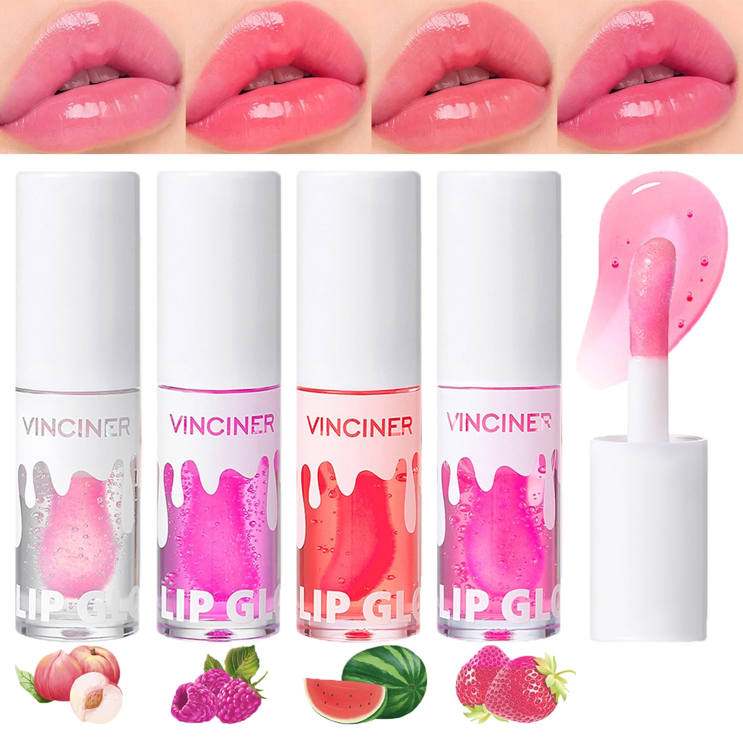 Dulele 4PCS Fruit Flavoured Lip Gloss Set, Moisturizing Lip Glow Oil, Nourishing Lip Care Tinted Lip Oil, Hydrating Lip Balm Lip Makeup