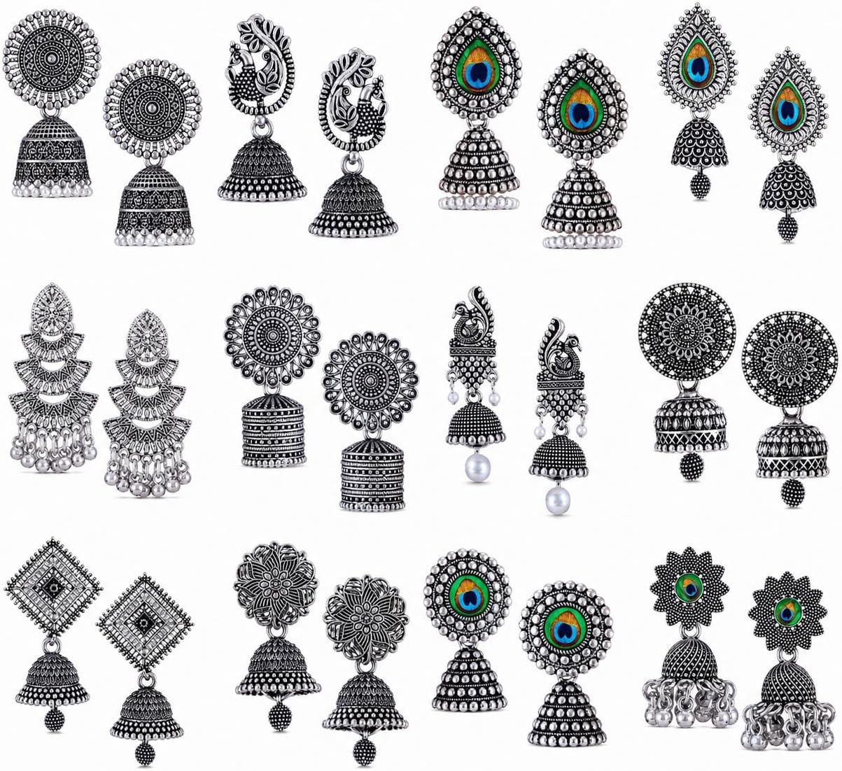 12 Pair earrings for women Stylish fashion jhumka oxidised Silver Earrings for women Combo chandbali pearl chandbali stylish jhumkas traditional Earrings For girls South indian traditional Ear Rings -M879