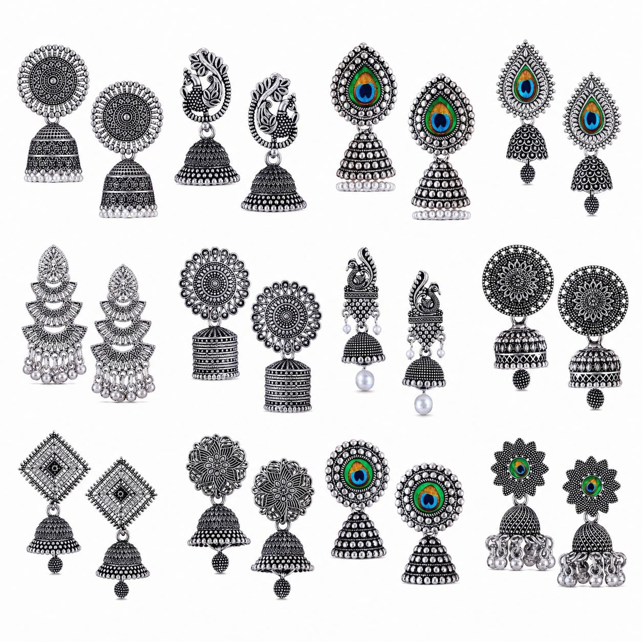 MEENAZ 12 Pair earrings for women Stylish fashion jhumka oxidised Silver Earrings for women Combo chandbali pearl chandbali stylish jhumkas traditional Earrings For girls South indian traditional Ear Rings -M879