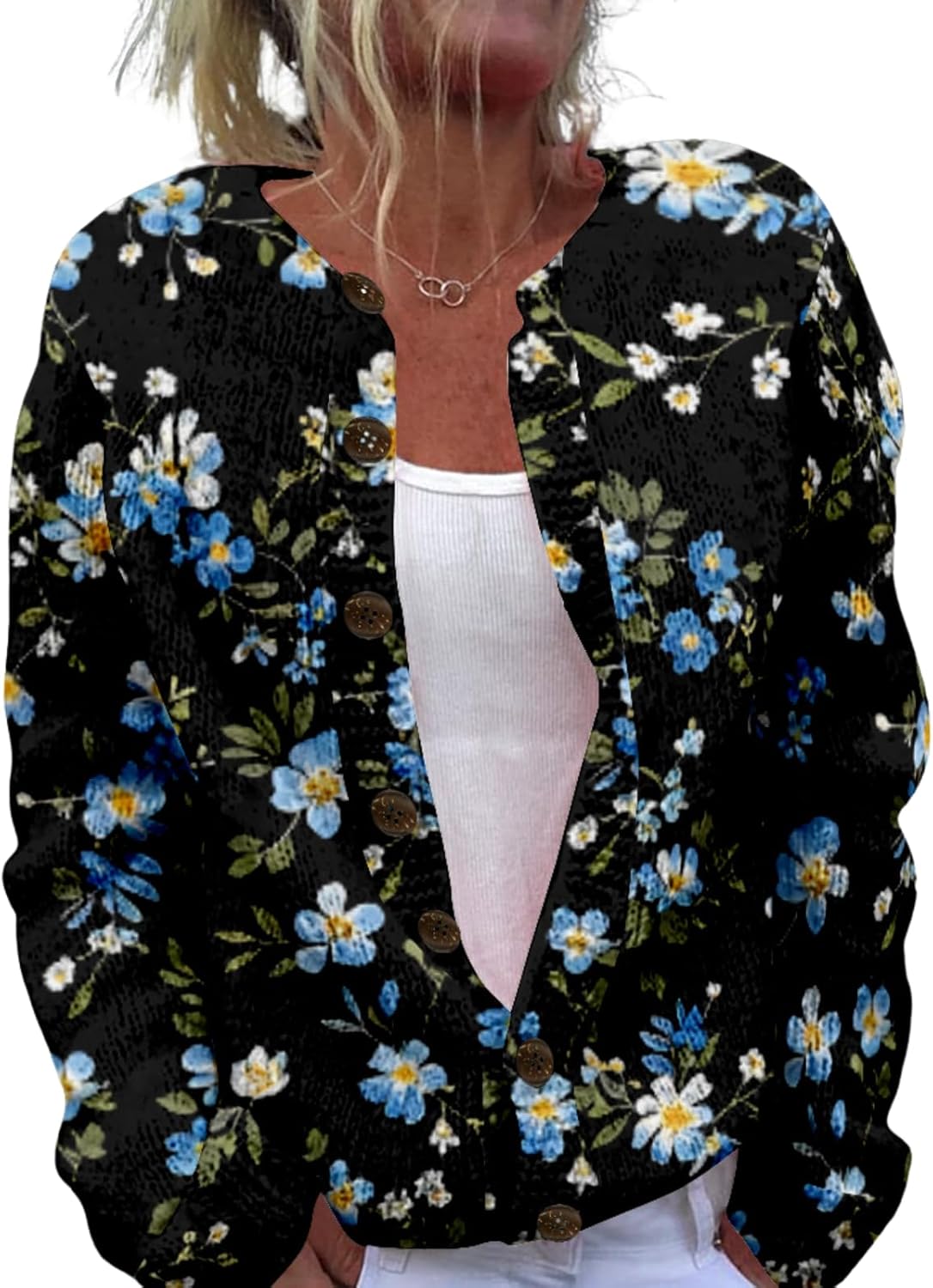 Floral Sweaters for Women Open Front Cardigan Chunky Long Sleeve Plus Size Button Up Fall Trendy Tunic Blouse