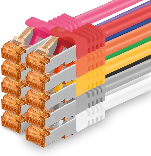Cat 7 ethernet cable 0,25m - 10 Colors Set - 10 pieces - Cat7 Cat.7 lan network 10GBASE-T - 10000 Mbps (Sftp Pimf) double shielded patchcable RJ45 plug Cat.6a