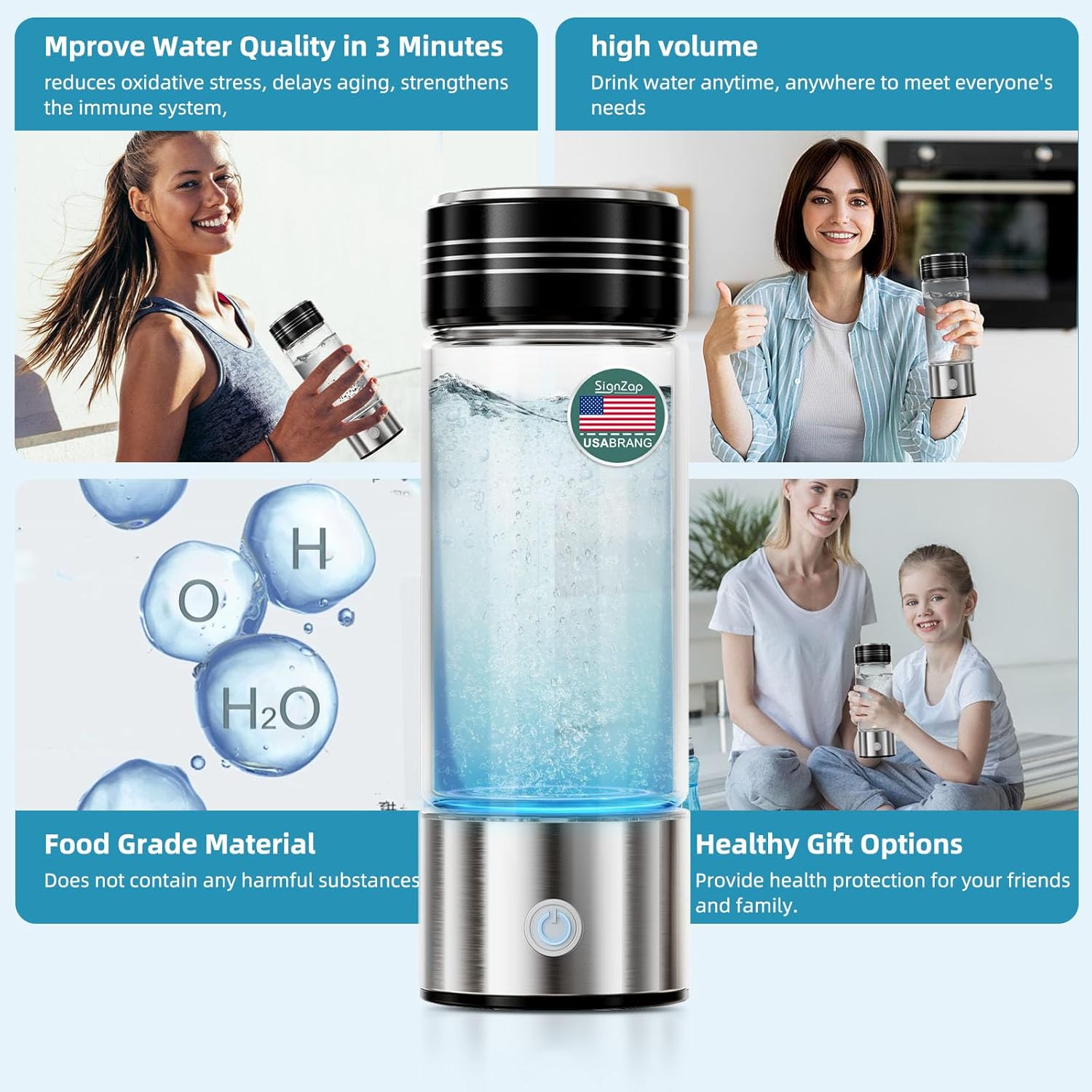 Hydrogen Water Bottle Generator, Portable 15oz PEM Electrolysis Glass Bottle, USB Rechargeable, Up to 2000PPB in 3 Minutes, for Gym, Travel & Daily Hydration, Wellness Gift for Adults & Parents
