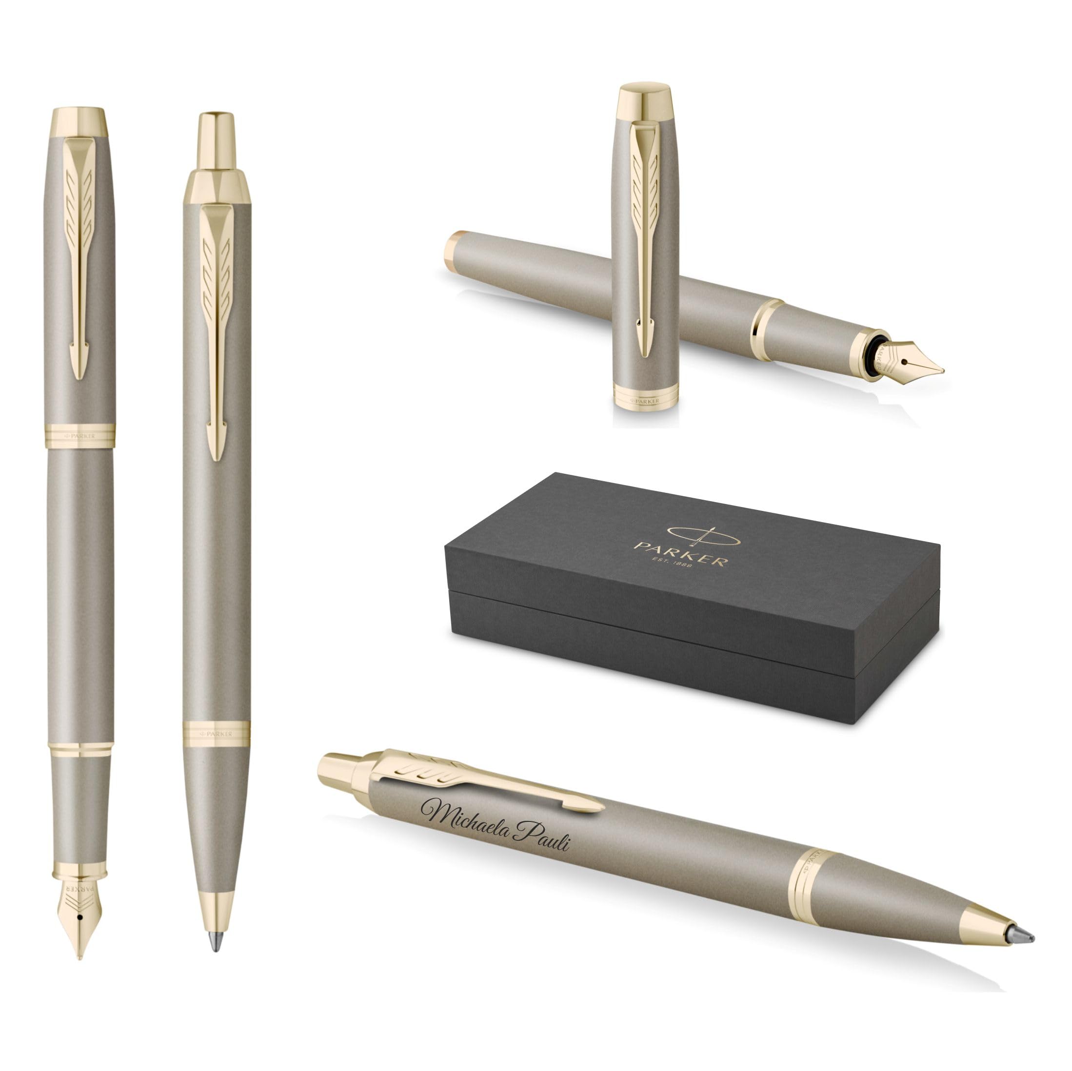 PARKER IM Schreibset Kugelschreiber + Füllfederhalter mit individueller Gravur – Personalisierter Luxus Stift – The Finishing Touch Collection Geschenk für Hochzeit, Geburtstag, Büro (Sandstone)