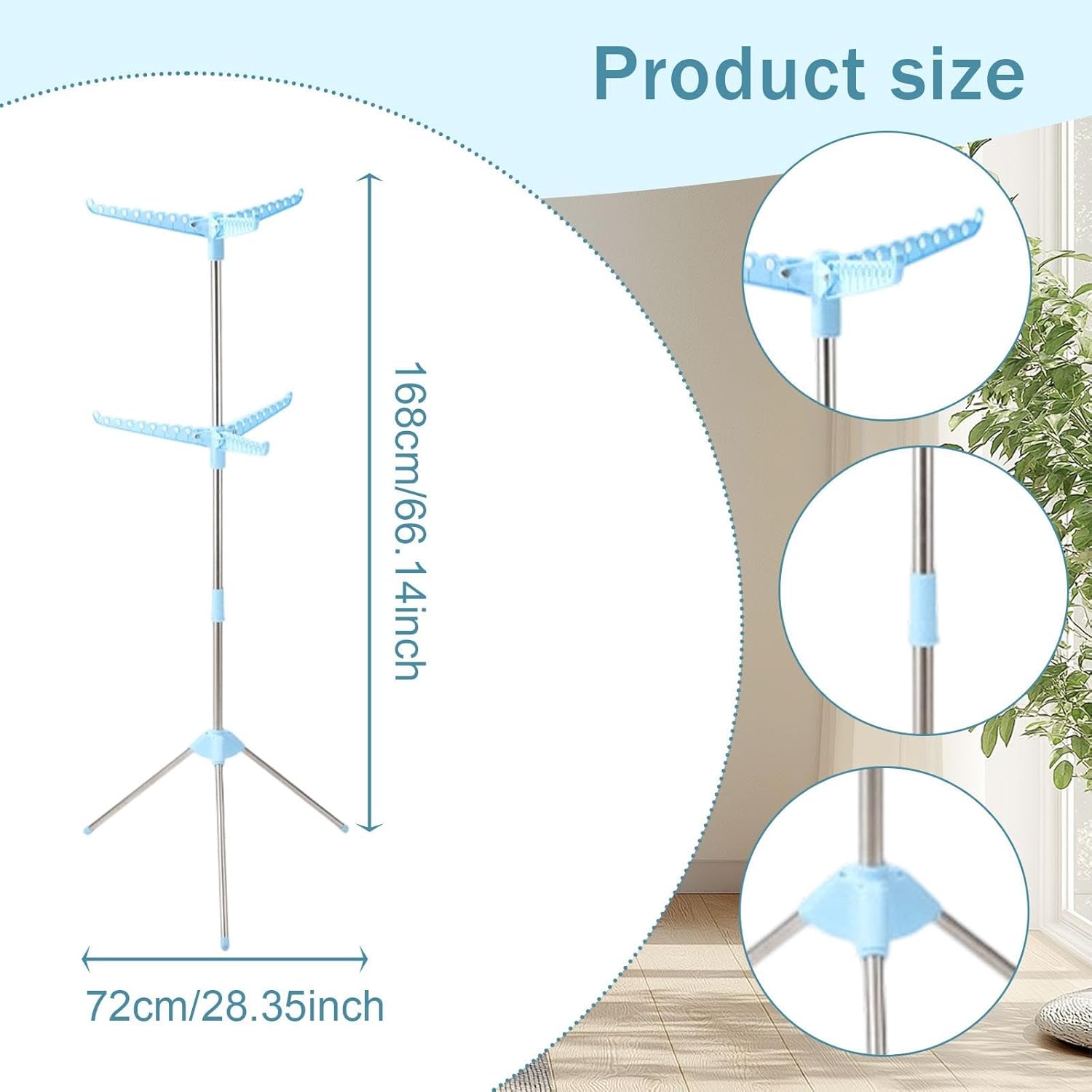 Tripod Drying Rack for Clothes, Foldable Hanger for Garments and Linens, Blue 2 Layer