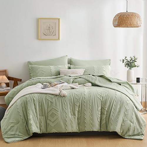 Miniatura 2 de Juego de edredón tamaño Queen de 7 piezas de color verde salvia, juego de ropa de cama tamaño Queen con bordado geométrico, juego de edredón bohemio