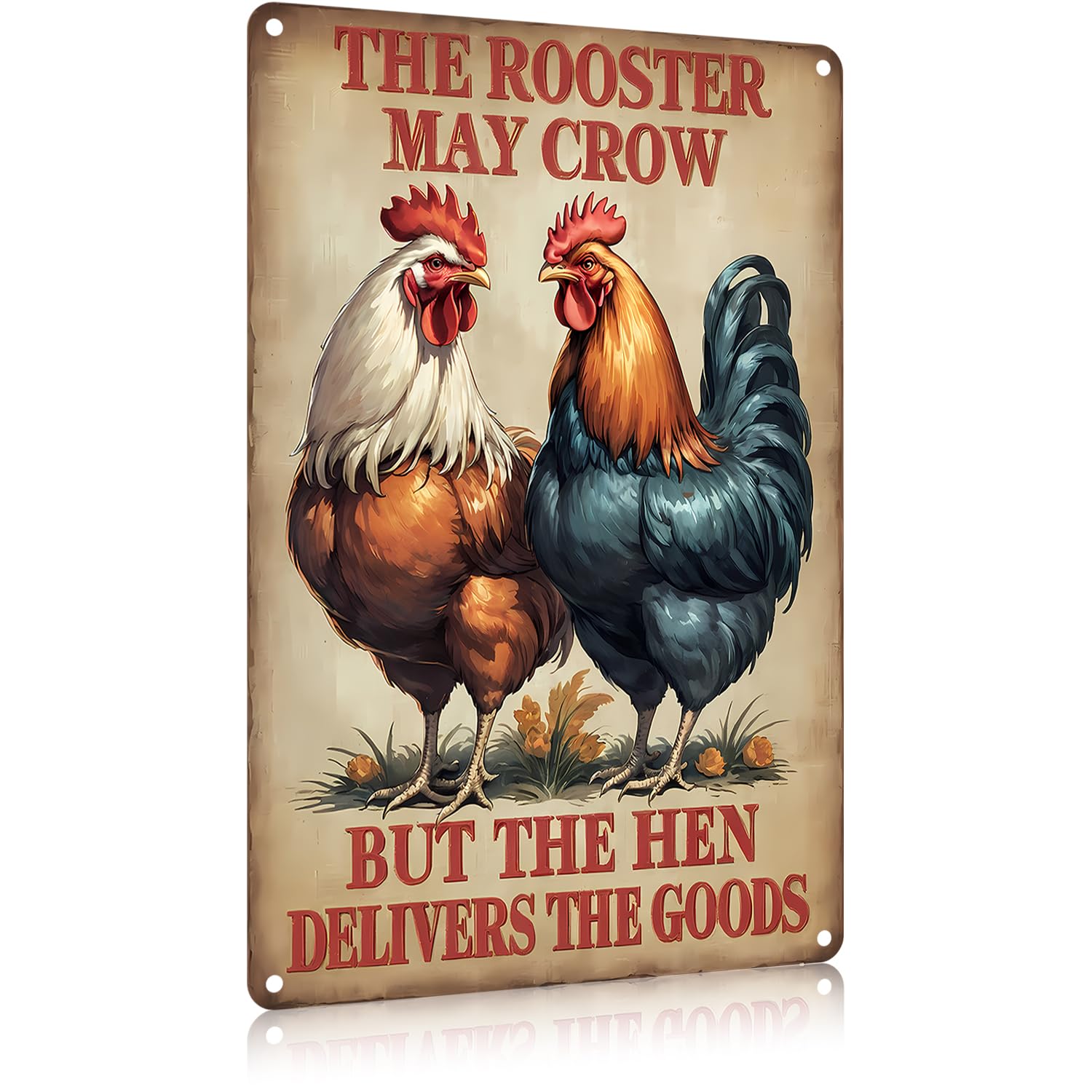 Funnysign Chicken-15 Vintage Rooster & Hen Tin Sign - "The Rooster May Crow But The Hen Delivers" Humorous Farm Wall Decor, 8X12 Inch (9715)