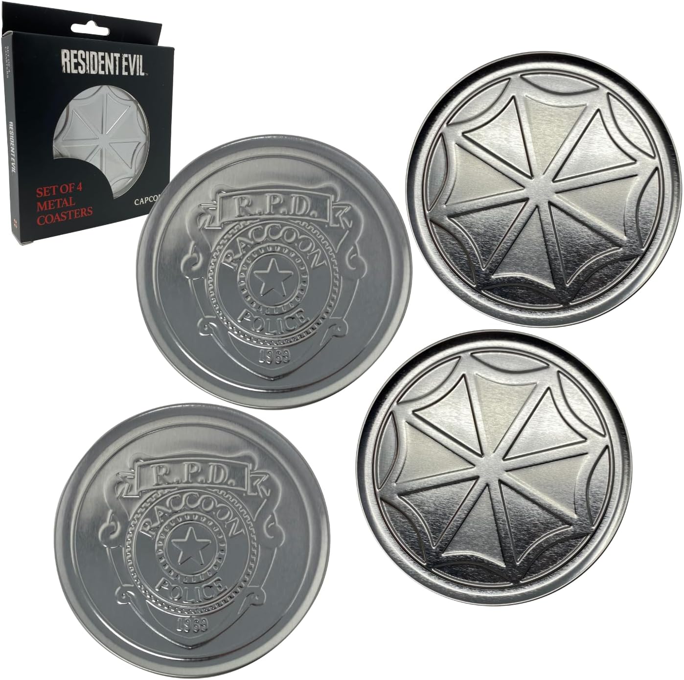 Resident Evil 4-Piece Metal Coaster Set for Drinks | Home and Kitchen Tabletop Protection | 4 Inches