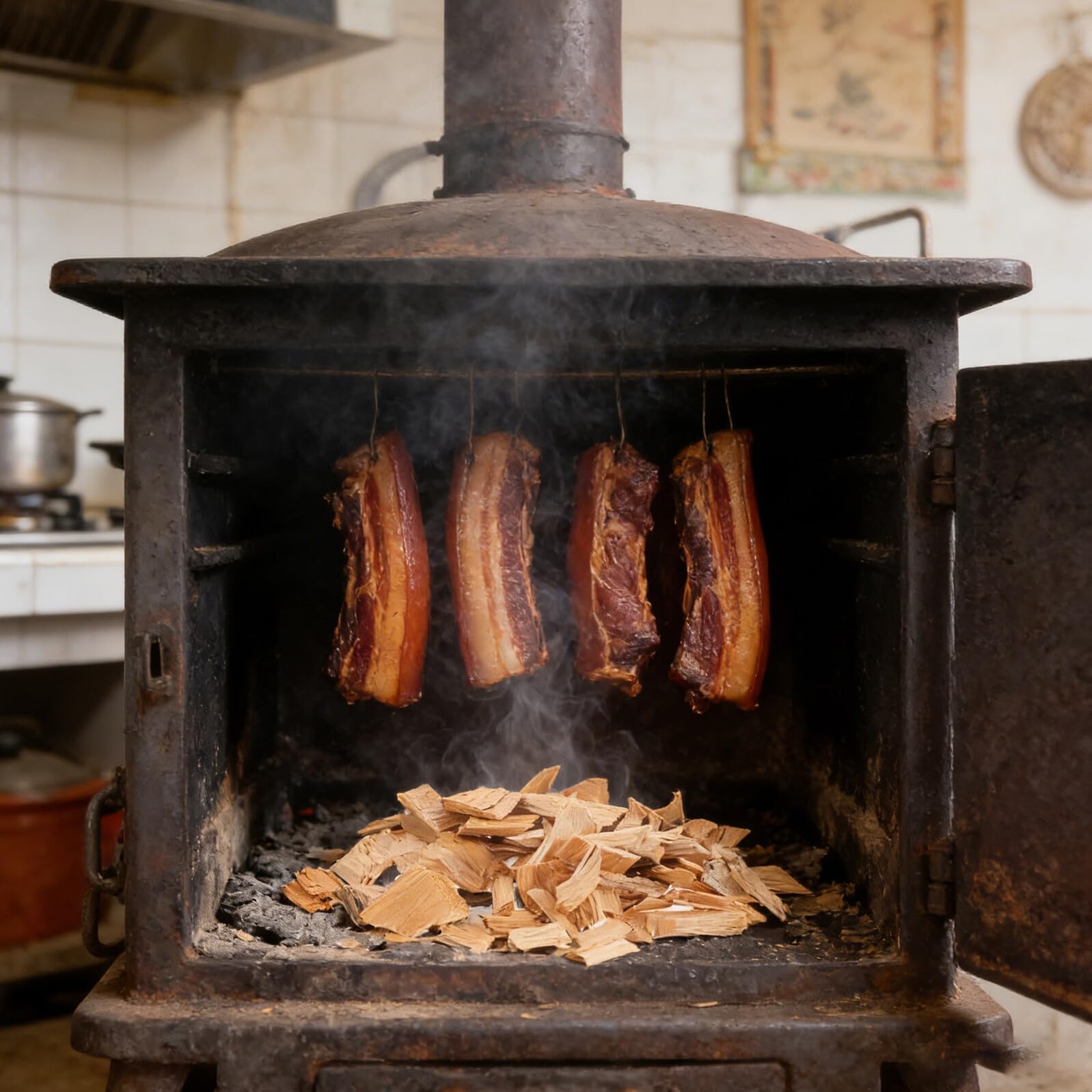 Astillas de Madera de Ciprés Natural 3-5 Cm para Ahumar Carne, Salchichas y Pato, 2 Bolsas de 400 G, Accesorios para Ahumador y Barbacoa al Aire Libre