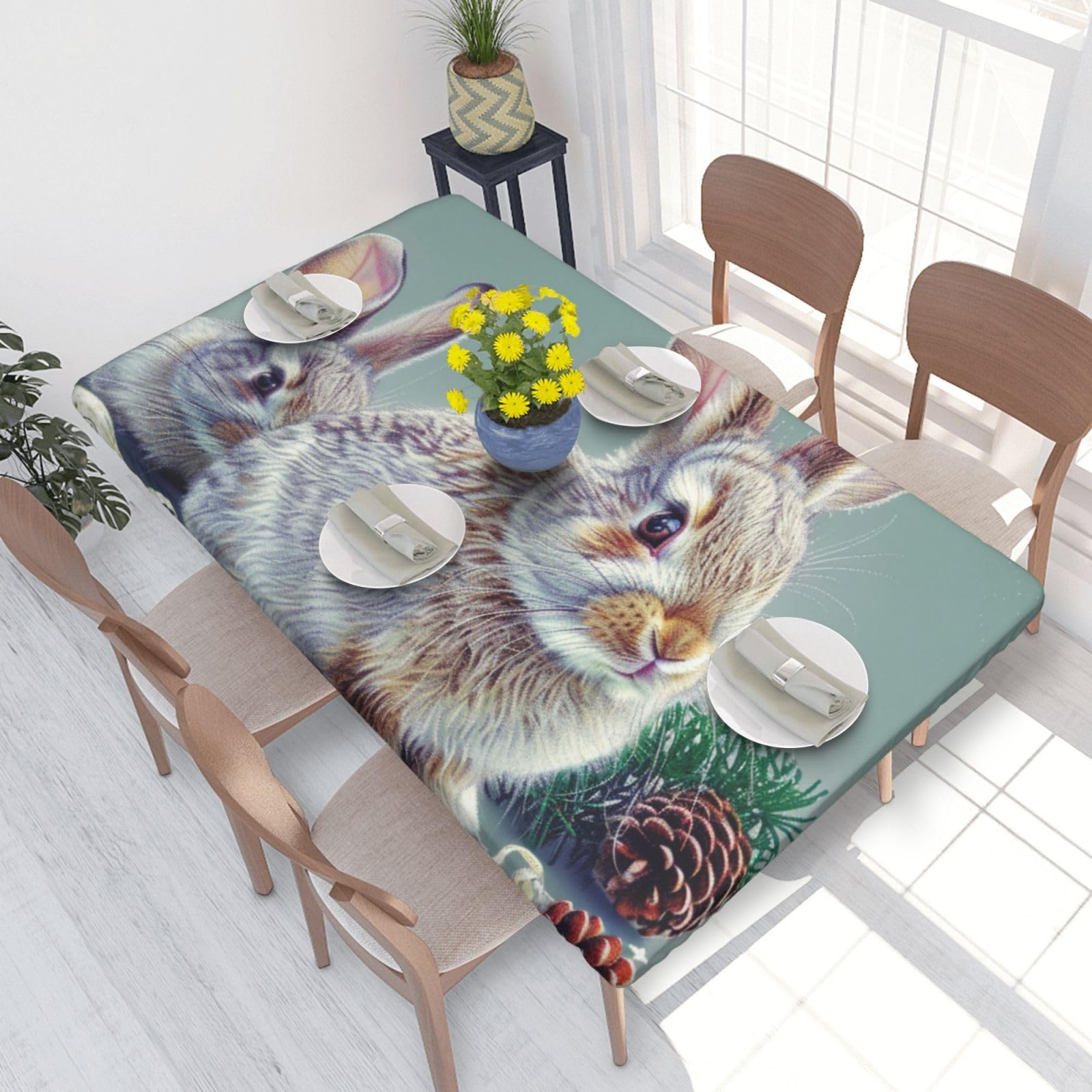 DCARSETCV Funny Bunny Rabbit Printed 4FT Waterproof Tablecloth with Elastic Edged Protect & Decor Your Table, Oil-proof Washable Table Cloth Cover for Dinner Picnic Party