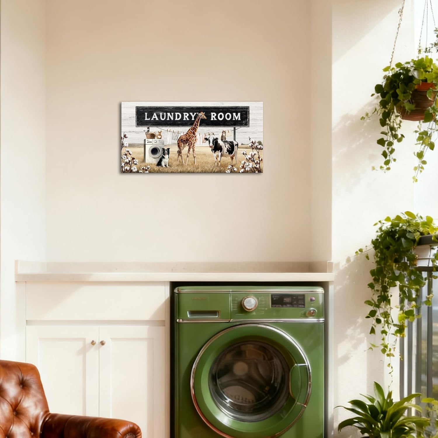 HOMEOART Laundry Room Decor Sign, 24"x12" Framed Canvas Wall Art Laundry Wall Decor Rustic Farmhouse Animals Picture Print