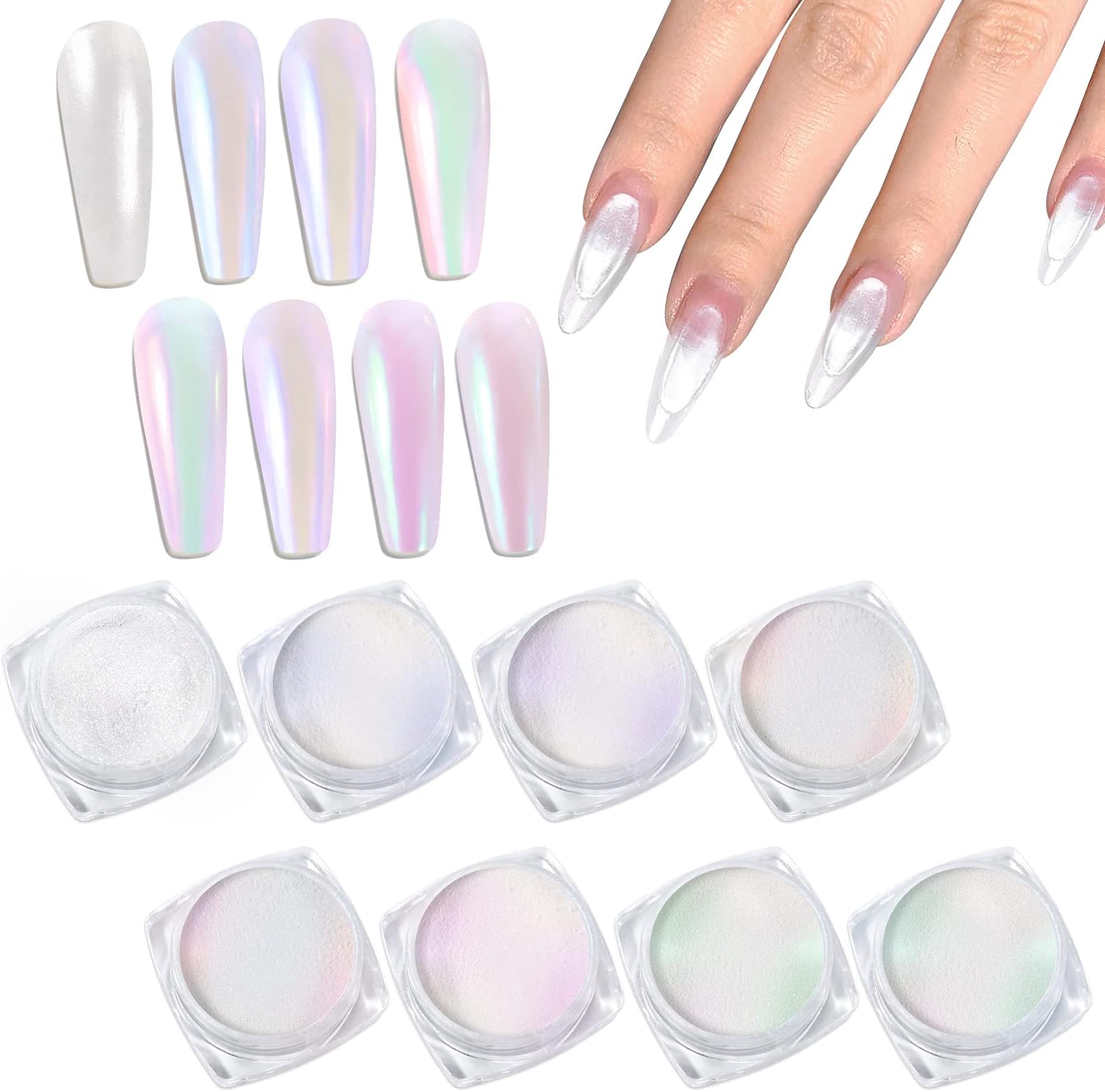 Laza White Pearl Chrome Nail Powder, 8 Colors Metallic Mirror Effect Pigment, Ice Transparent Aurora Nail Glitter Dust Kit for Gel Nail Art Decoration, Resin Craft, Gifts - Colorful White