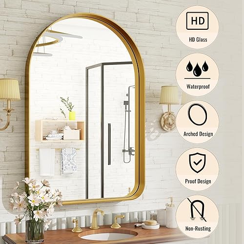 Miniatura 3 de Espejo de baño arqueado, espejo de baño dorado de 36 x 24 pulgadas para pared, espejo enmarcado de aleación de aluminio, espejo de tocador de baño