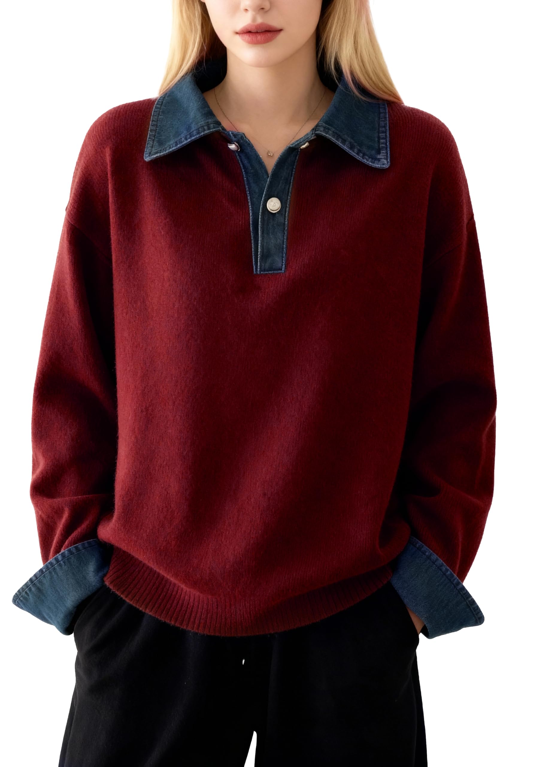 LAI MENG FIVE CATS Womens Long Sleeve Polo Sweater 2 in 1 Denim Lapel Knit Fall Winter Pullover