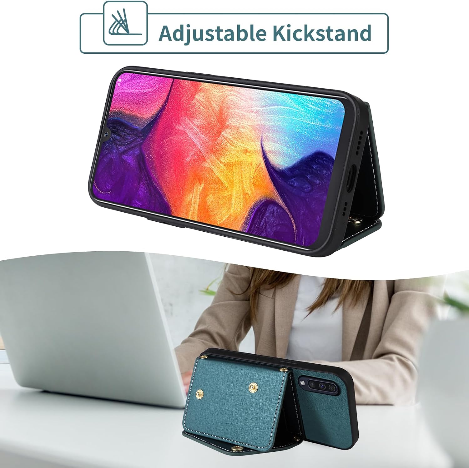 Wallet Phone Case for Samsung Galaxy A50 Kickstand Card Slots Men Green image 2