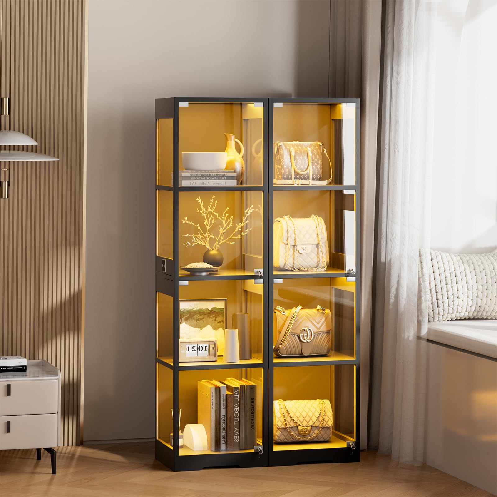 Vetrina in vetro con illuminazione a LED, vetrina con vetro temperato di sicurezza e chiusura magnetica, vetrina da collezione con sensore intelligente, 4 strati, antipolvere, per soggiorno, ufficio