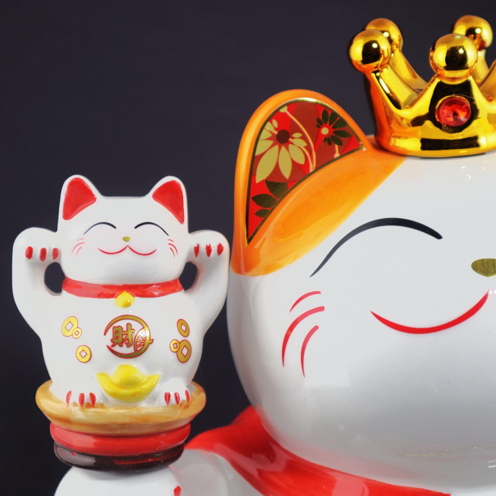 Freak Scene Agitando Gato Chino Maneki-Neko Corona Porcelana 26cm Gato Saludando Blanco Lucky Cat