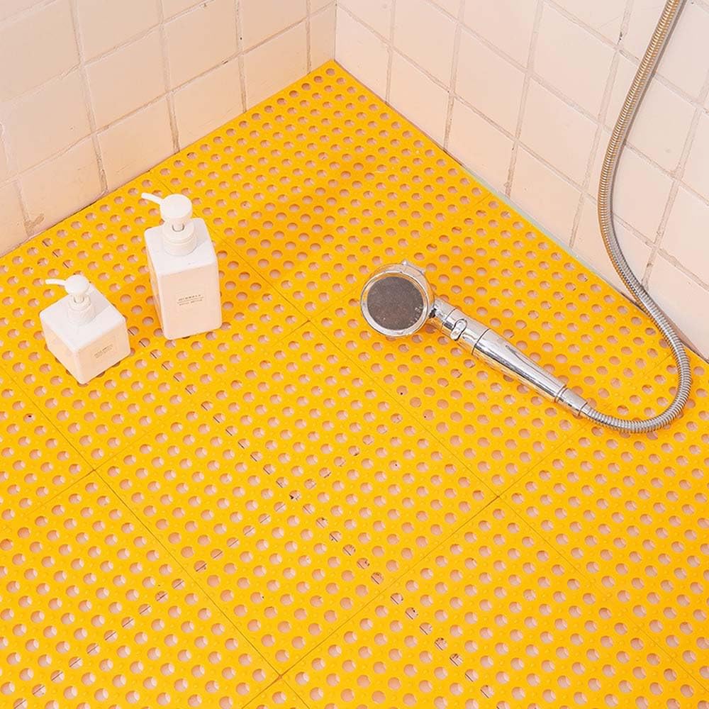 Bathroom Mat, Interlocking Rubber Floor Tiles Soft PVC Non-Slip Tile Splicing Shower Mat Outdoor Cushion Mat for Bathroom, Deck, Drain, Pool, Patio, Balcony (Yellow,10Pcs/30x30cm)