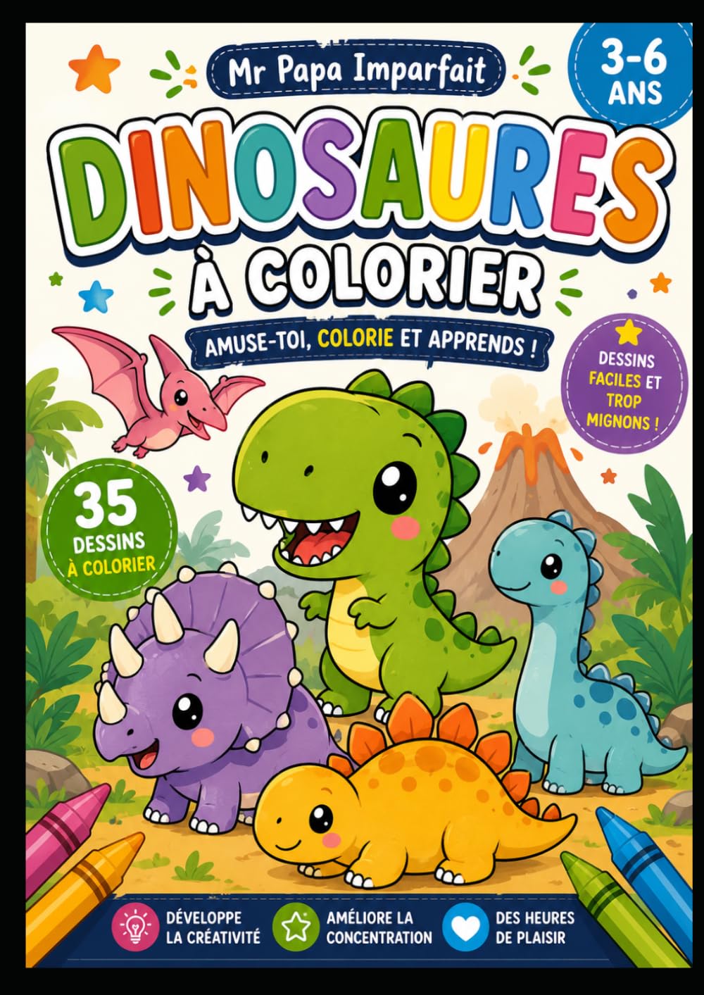 Mon grand coloriage éducatif des dinosaures: 35 dinosaures kawaii à colorier pour apprendre les voyelles et les consonnes en s'amusant