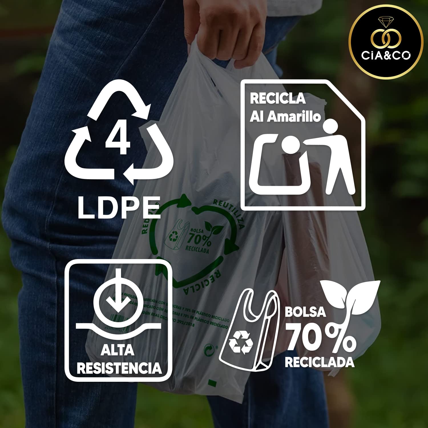 Bolsas de Plástico 70% Reciclado XXL 50x60 cm 50 Uds Aptas Uso Alimentario Galga 200 Tipo Camiseta