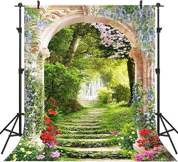 Beautiful Garden Backdrop for Wedding Bridal Shower Party Decorations, Spring Blooming Watercolor Floral Stone Arch Nature Scenery Photography Background 6x8ft