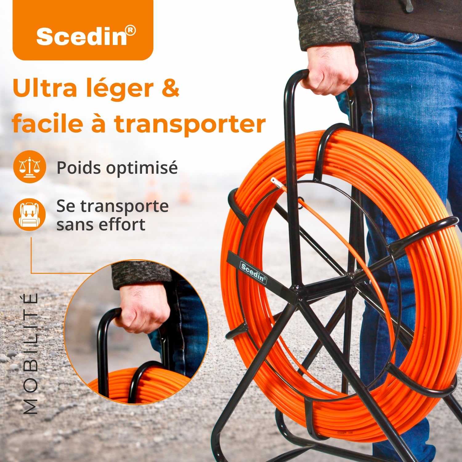 Aiguille tire-fil électricien 100 m x 6 mm avec dévidoir | Fibre de verre flexible et ultra-résistante | Outil professionnel pour passage de câble et gaine électrique