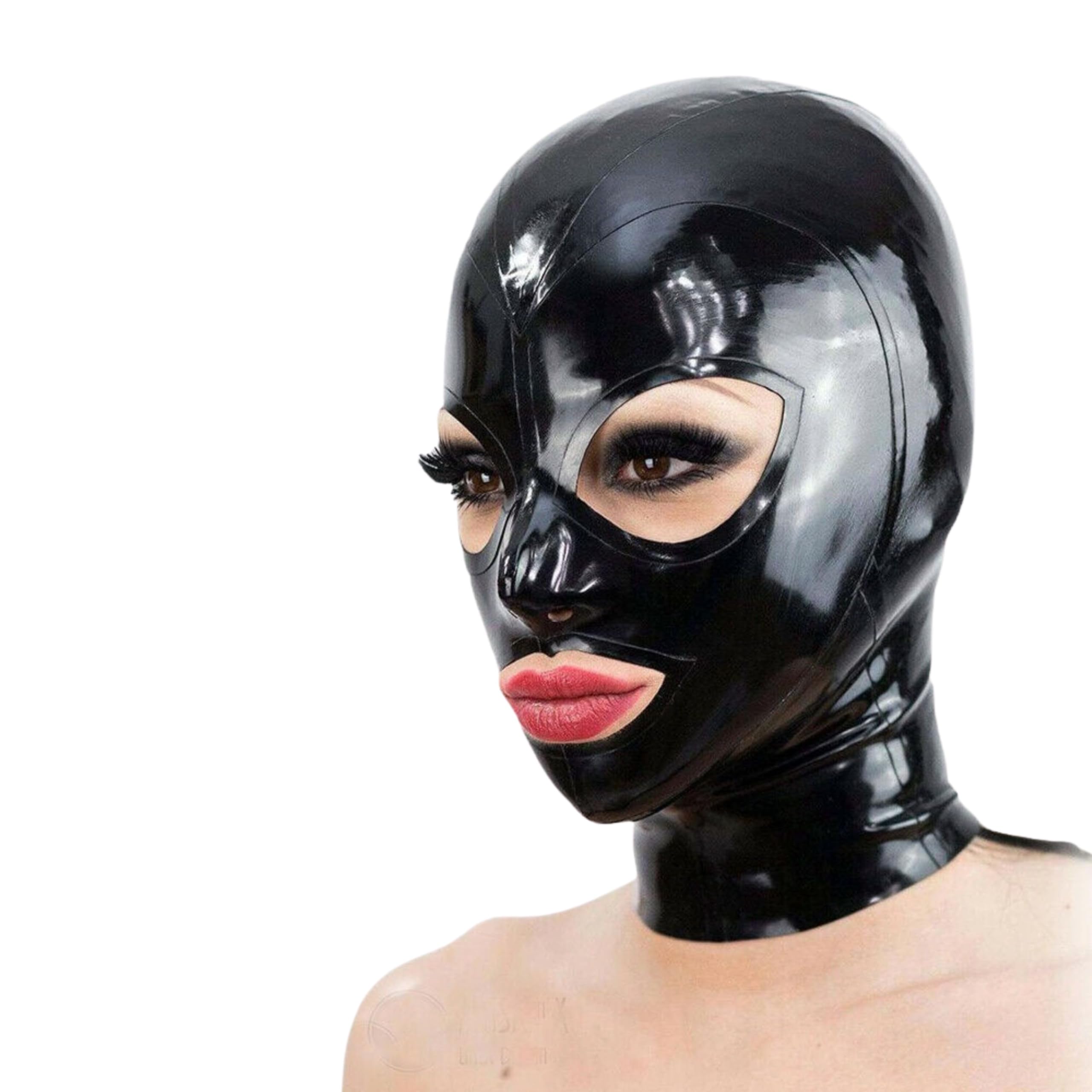 Fops Masque en Latex Sensuel XL Noir – Cagoule Intégrale Yeux et Bouche Ouverts, Extensible et Brillant pour BDSM, Jeux de Rôle et Contrôle B23-8