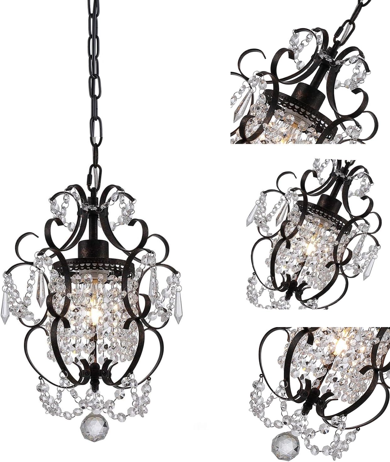 Plug in Chandelier Hanging Lignt with Plug in Cord ON/Off Switch,Mini Bronze Crystal Chandelier Light Fixture for Bedroom,Living Room,Dining Room
