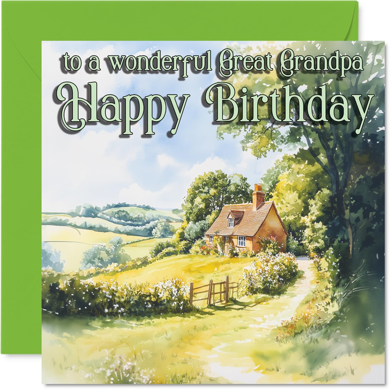 Heartfelt Birthday Card for Great Grandpa - Warm Wishes for a Wonderful Day - Serene Landscape with a Charming Cottage - 145mm Square, Envelope Included