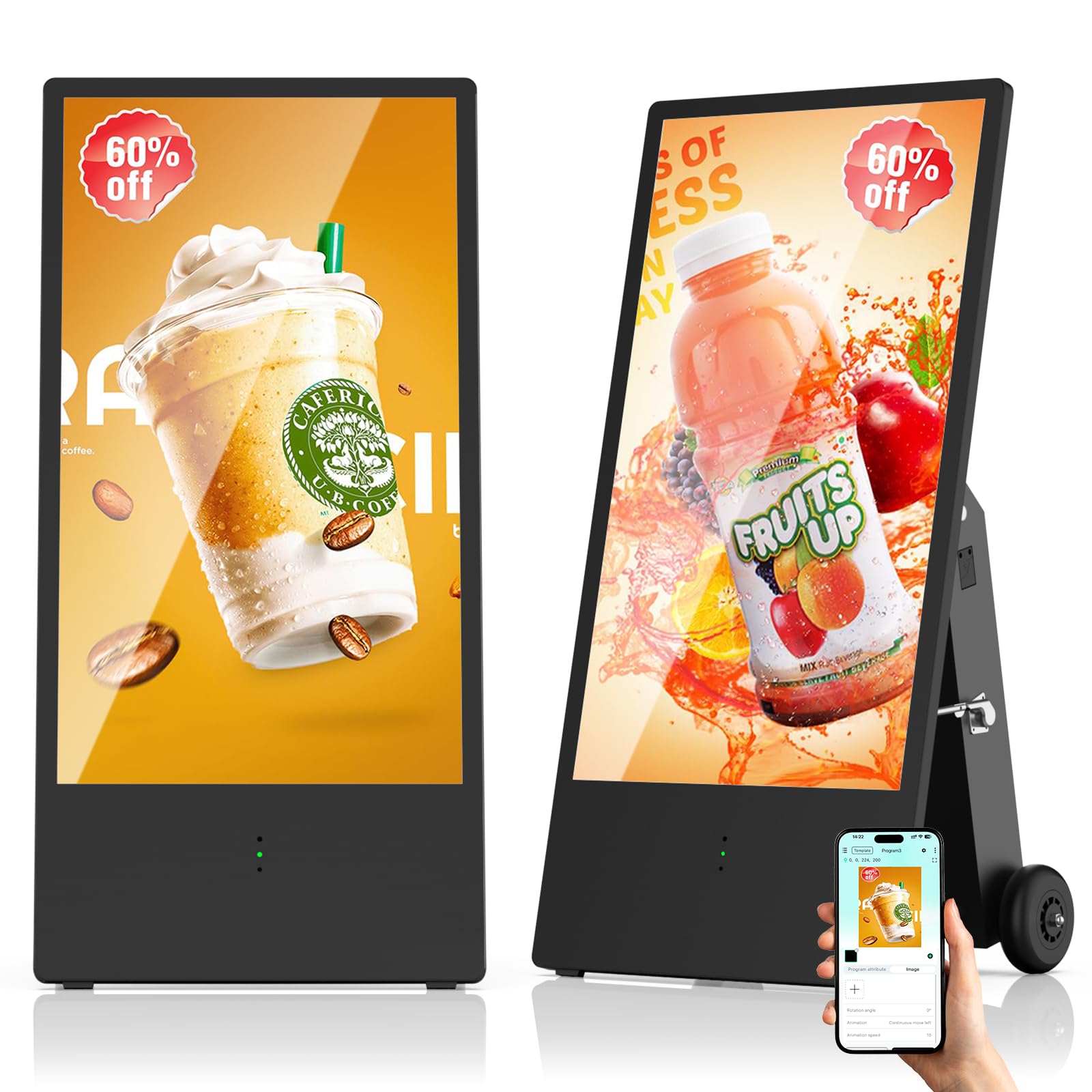 Écran Publicitaire Extérieurs 43 Pouces, Haute Luminosité 2000 Nits LCD Écran d'Affichage NuméRique, Étanche IP65, Batterie Rechargeable avec 10h d'Autonomie, pour les Food Trucks, Restaurants