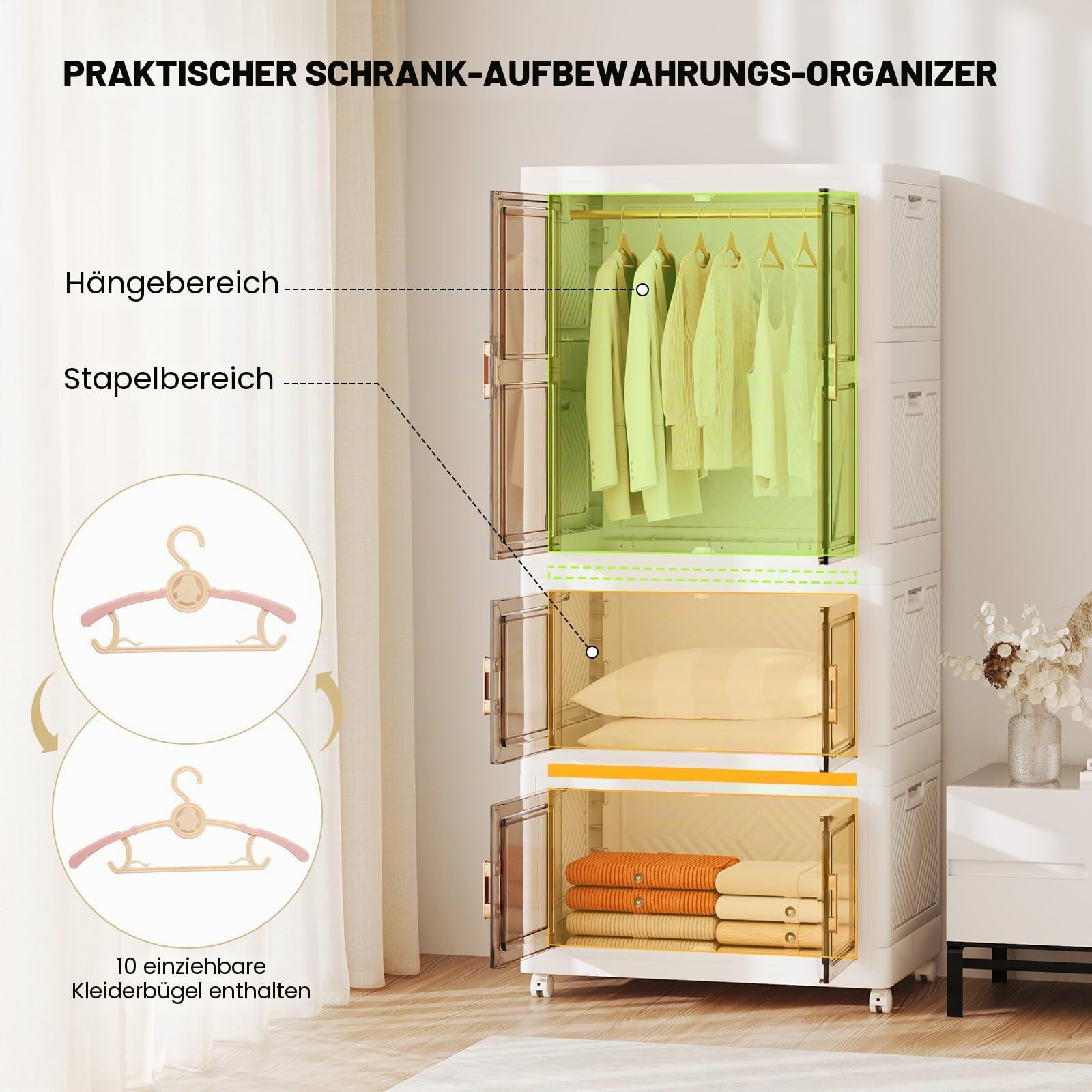 GIANTEX Aufbewahrungsbox, Kunststoff, 421 l, faltbar, mit Deckel, Rollen, 10 Kleiderbügel, Griffe, Kleiderschrank, für Schlafzimmer, Waschküche, Ankleidezimmer