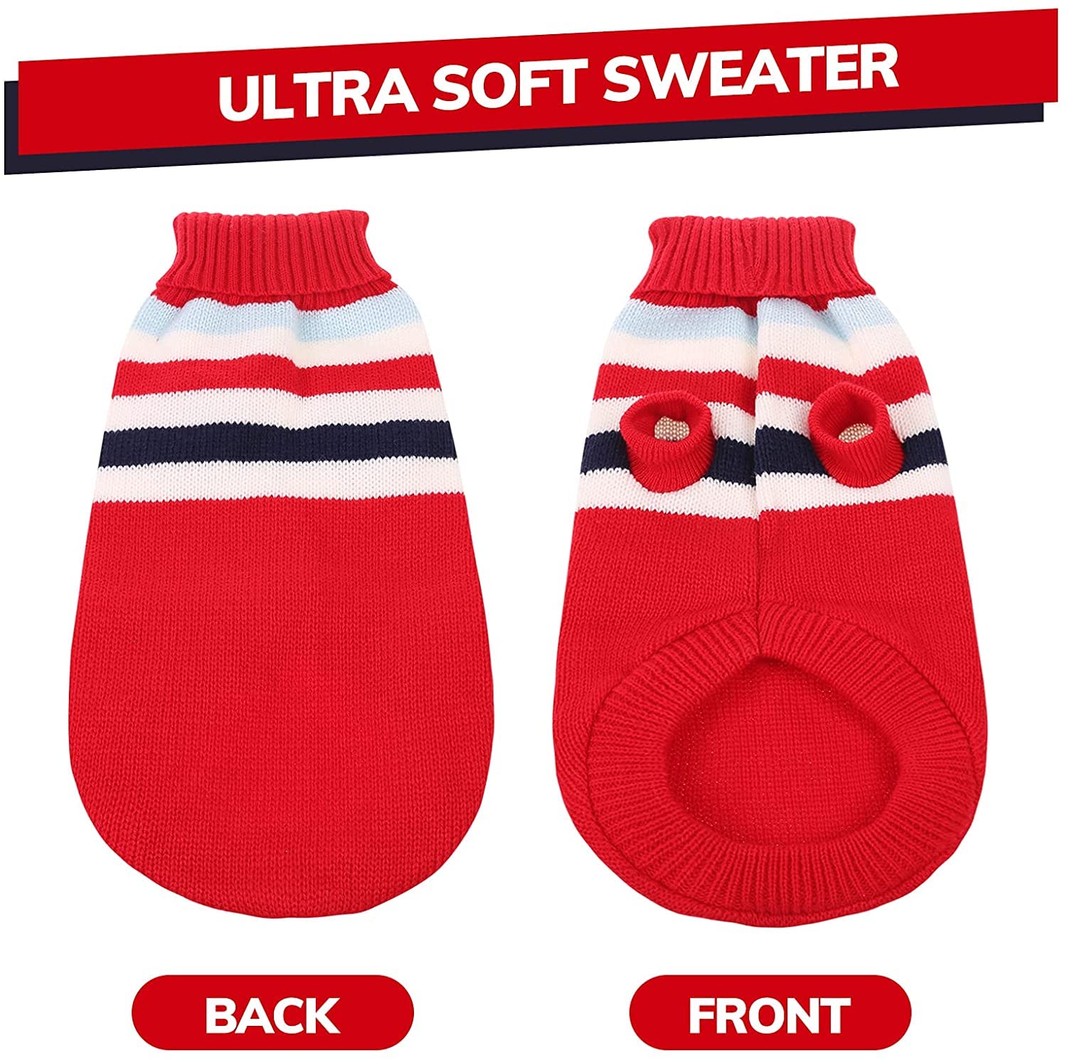 KUTKUT Dog Sweater | Warm Strip Dog Winter Knitwear Clothes with Elastic Leg Bands | Soft Acrylic Knitted Pet Pullover for Small Medium Large Doggy (Red, Size: L) 3