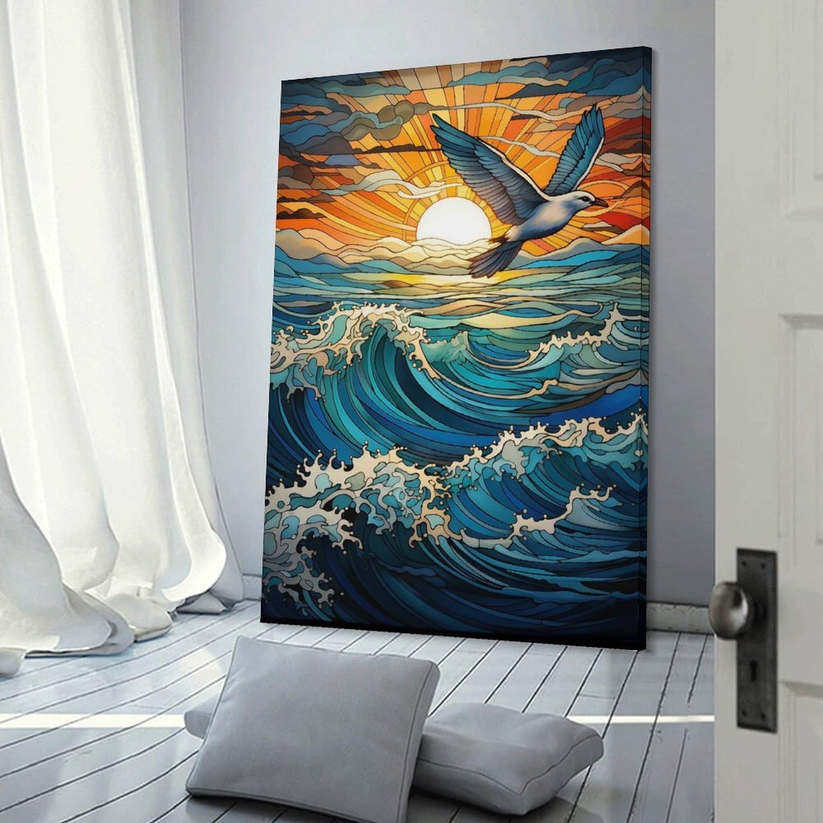Junmoney Ocean Stained Glass Canvas Wall Decor, 20x30inch(50x75cm), for Flats, Guest Rooms Or Compact Rooms, Decorative Canvas Decor for Home Updates