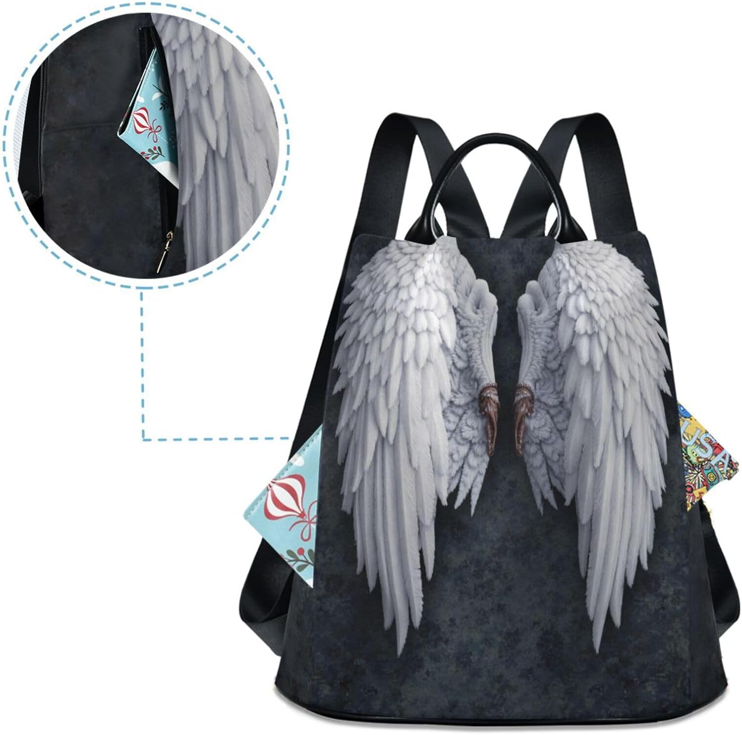 Anti Theft Backpack Angel Wings Feather Women Large Fashion Travel Shoulder Bag Purse Rucksack Lightweight