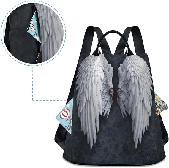 Anti Theft Backpack Angel Wings Feather Women Large Fashion Travel Shoulder Bag Purse Rucksack Lightweight