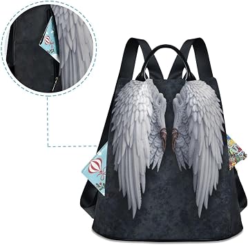 Anti Theft Backpack Angel Wings Feather Women Large Fashion Travel Shoulder Bag Purse Rucksack Lightweight